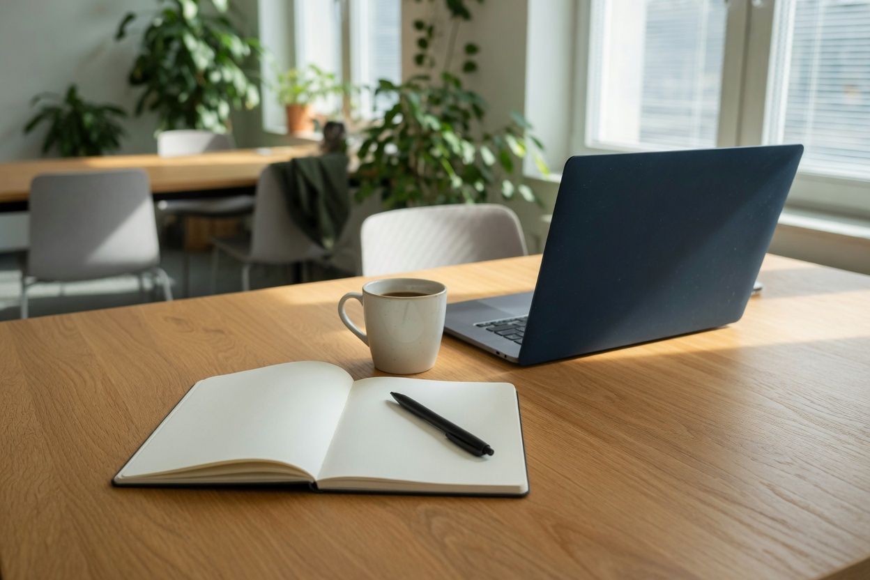 A navy laptop, an open notebook, and a mug on a wooden desk in a bright office.