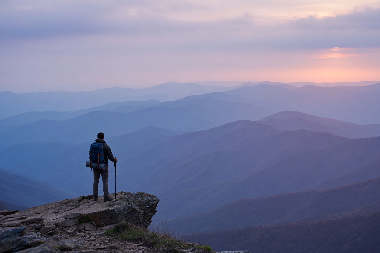 A hiker with a backpack stands on a rocky ridge above blue mountain ranges at dusk.