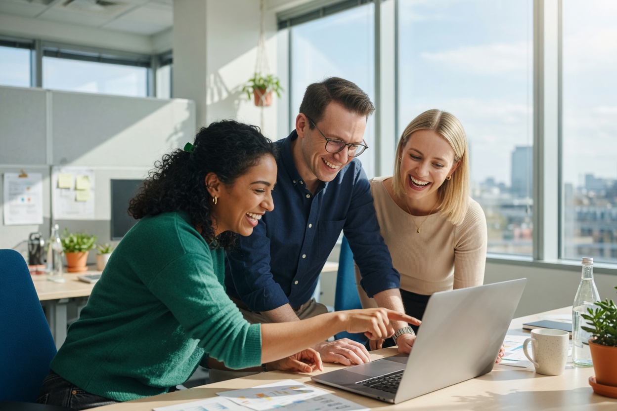 Three colleagues lean in around a laptop in a bright office, one pointing at the screen.